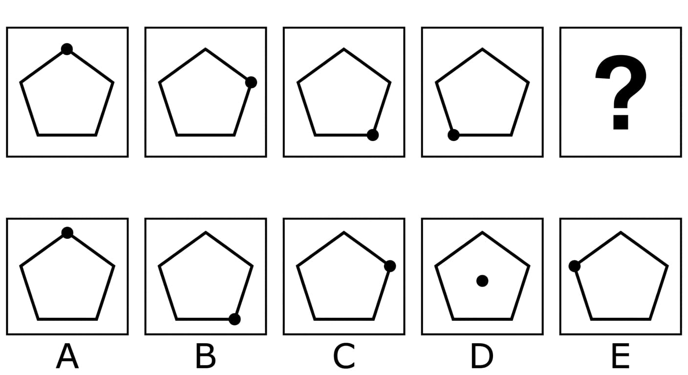 Spatial reasoning practice question example showing geometric shape progression patterns for visual reasoning skills