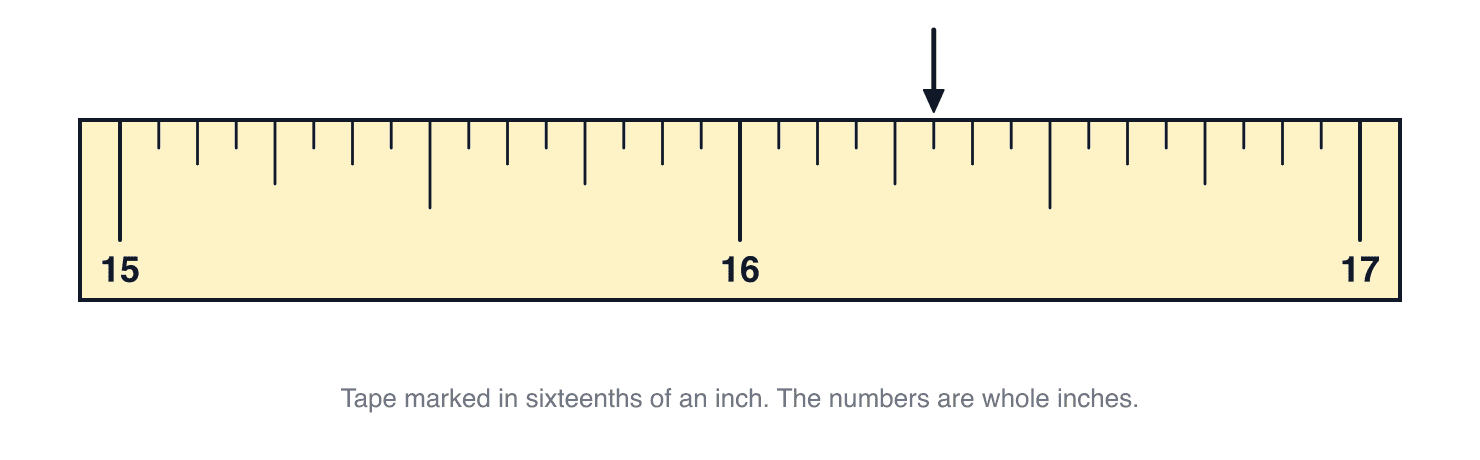 Pipe trades practice drawing: a tape measure marked in sixteenths with an arrow at 16 5/16 inches