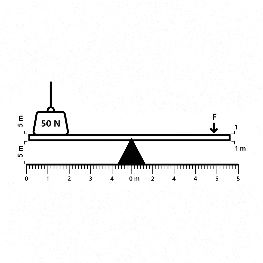 Wiesen Test of Mechanical Aptitude practice question example showing a first-class lever balance with a fulcrum and two weights for force calculation