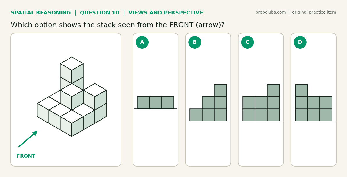Views and perspective question: isometric stack of cubes with a front arrow and four candidate front views