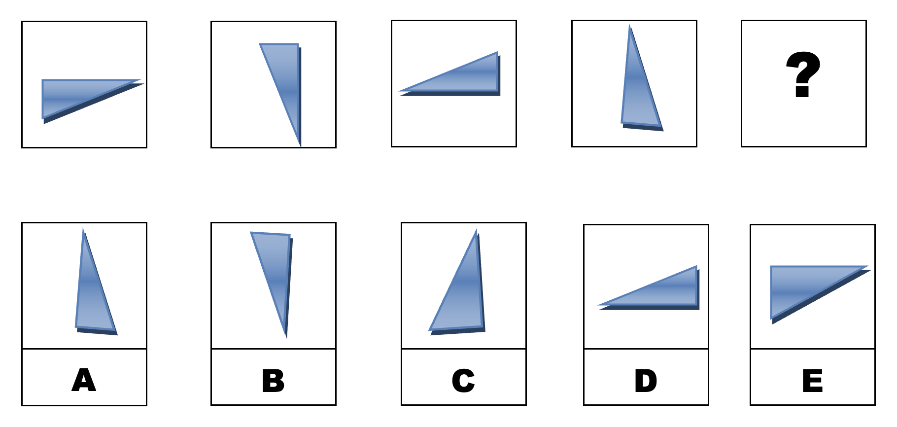 CCAT spatial reasoning practice question showing four boxes in a sequence with a fifth missing slot and five lettered answer options below