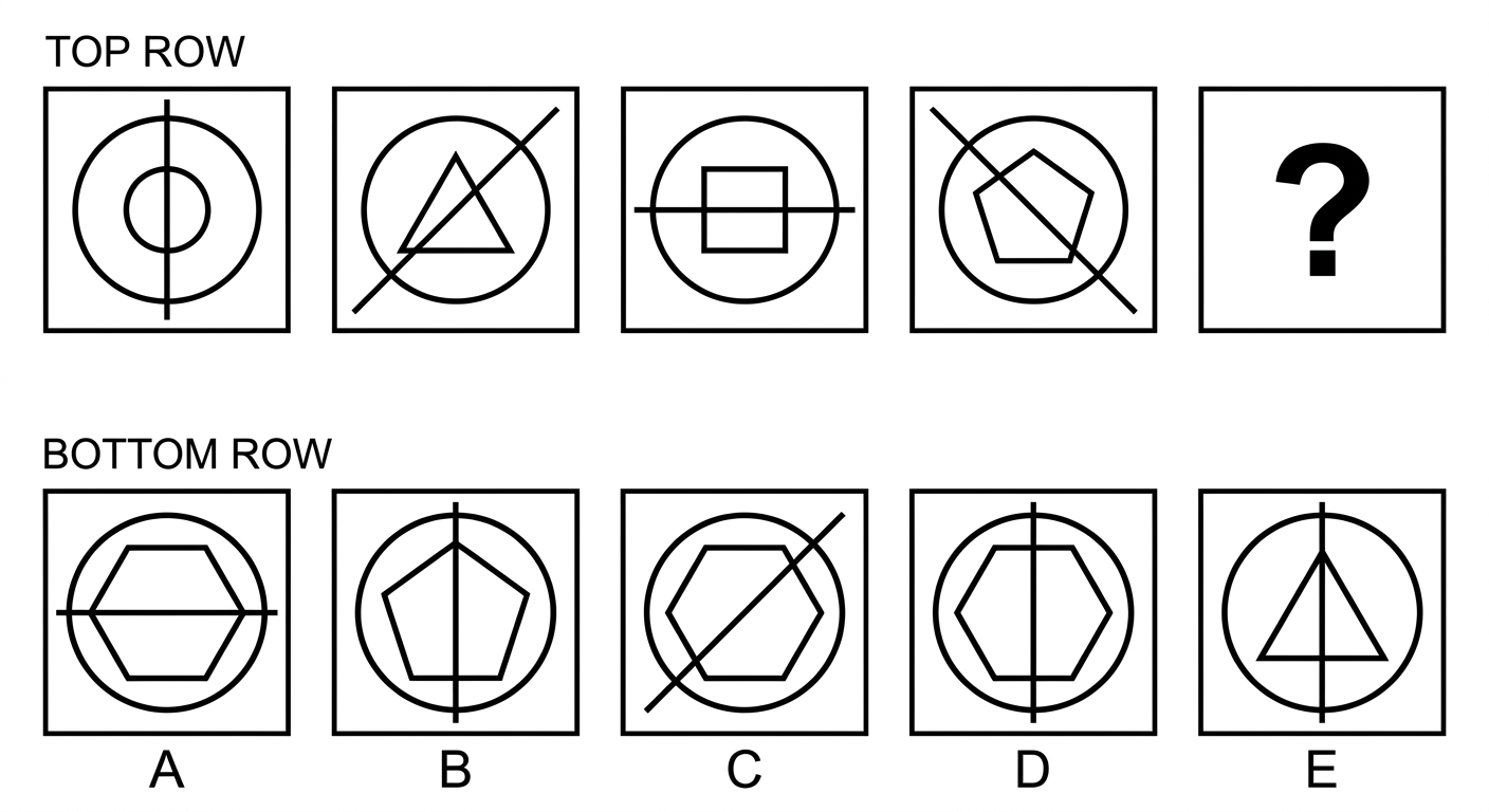 CCAT Practice Test 15, question 4: a sequence of four circles, each holding a shape with one more side than the last (small circle, triangle, square, pentagon) and a straight line that turns a step clockwise each time. Options A to E show hexagons and pentagons with lines at different angles